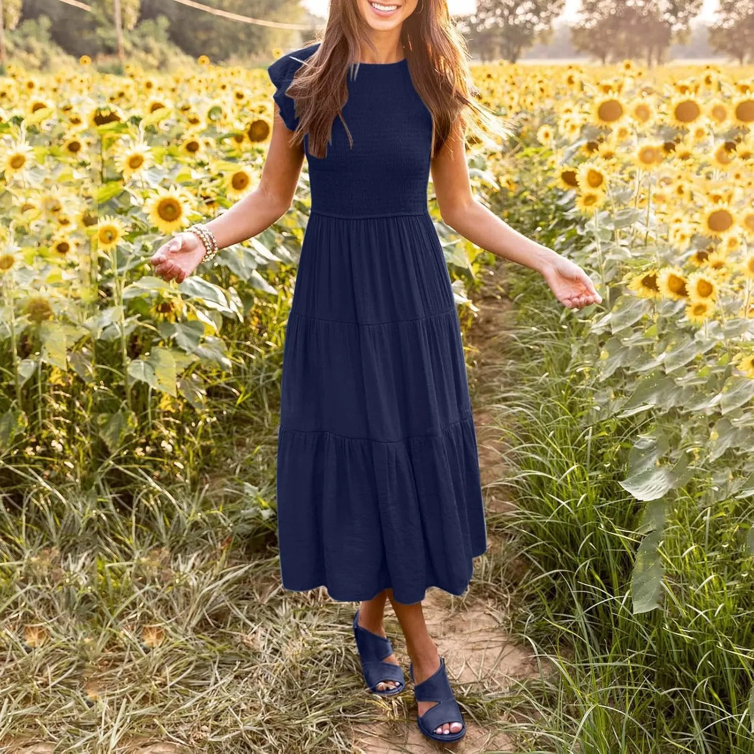 PTOLOCIF Women's Summer Casual Flutter Short Sleeve Crew Neck Smocked Elastic Waist Tiered Midi Dress Womens Sleeveless