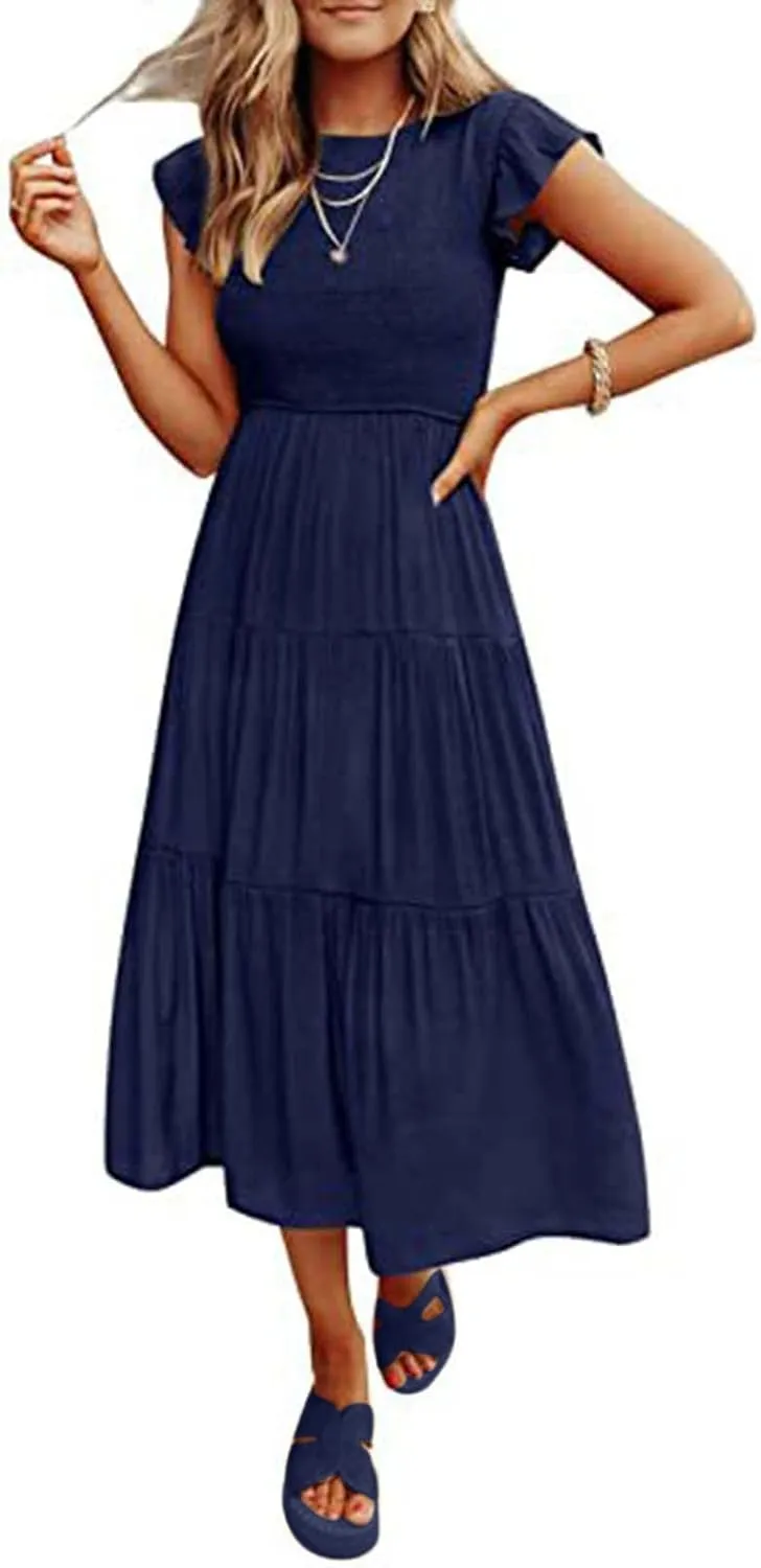 PTOLOCIF Women's Summer Casual Flutter Short Sleeve Crew Neck Smocked Elastic Waist Tiered Midi Dress Womens Sleeveless