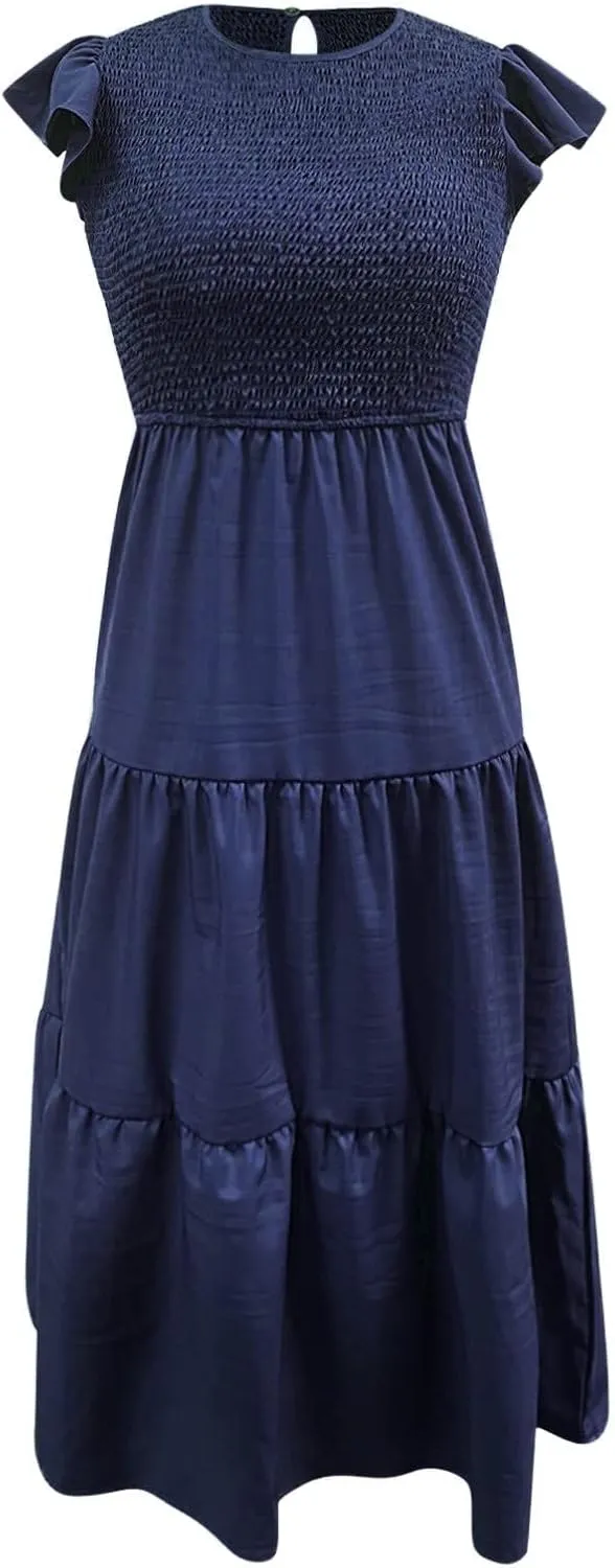 PTOLOCIF Women's Summer Casual Flutter Short Sleeve Crew Neck Smocked Elastic Waist Tiered Midi Dress Womens Sleeveless