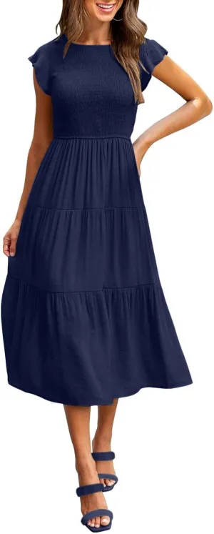 PTOLOCIF Women's Summer Casual Flutter Short Sleeve Crew Neck Smocked Elastic Waist Tiered Midi Dress Womens Sleeveless