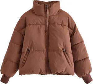 Puffer Coat for Women Winter Warm Bread Jacket Stand Collar Zipper Short Down Coat Fluffy Baggy Cotton-Padded Clothes