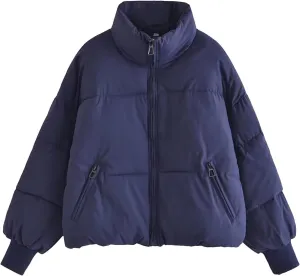Puffer Coat for Women Winter Warm Bread Jacket Stand Collar Zipper Short Down Coat Fluffy Baggy Cotton-Padded Clothes