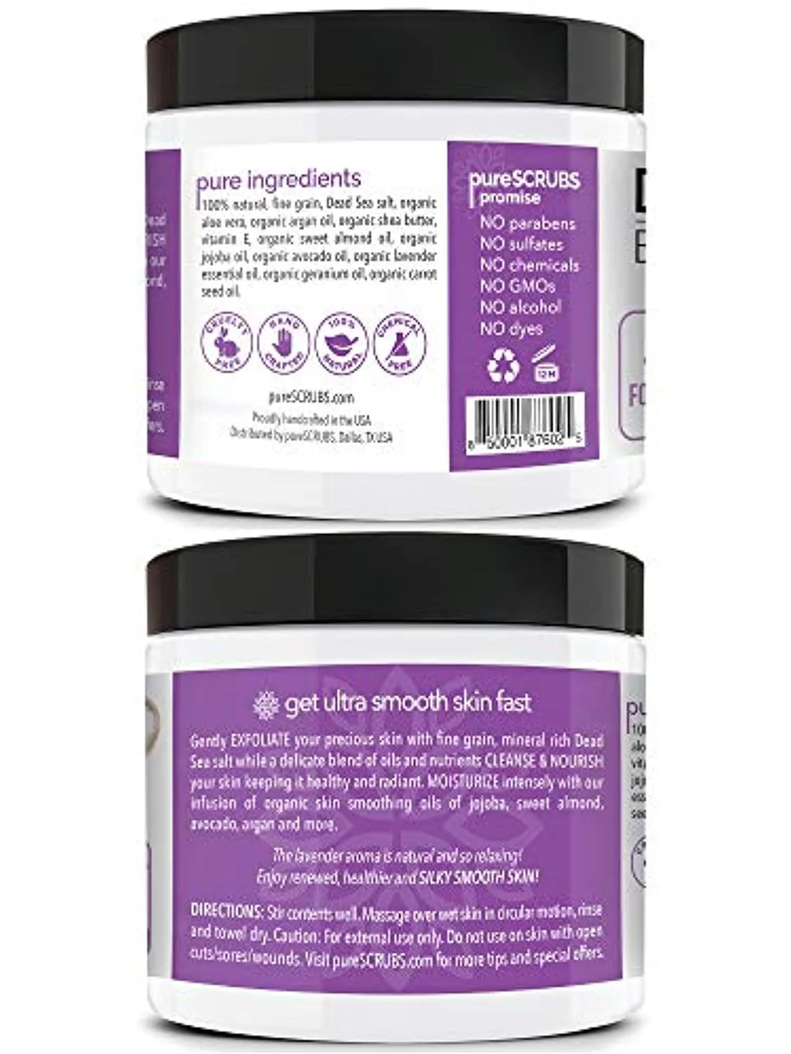 pureSCRUBS Premium Organic Body Scrub Set - Large 16oz LAVENDER BODY SCRUB - Dead Sea Salt Infused Organic Essential Oils & Nutrients INCLUDES Wooden Spoon, Loofah & Mini Organic Exfoliating Bar Soap