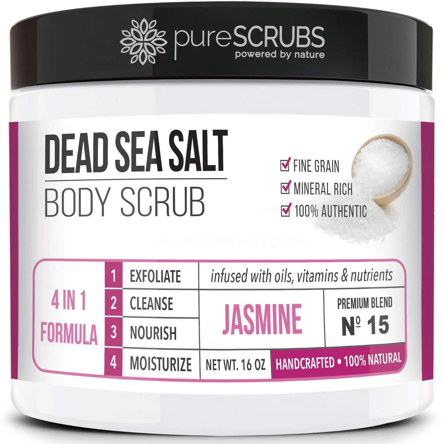 pureSCRUBS Premium Organic Body Scrub Set - Large 16oz LAVENDER BODY SCRUB - Dead Sea Salt Infused Organic Essential Oils & Nutrients INCLUDES Wooden Spoon, Loofah & Mini Organic Exfoliating Bar Soap