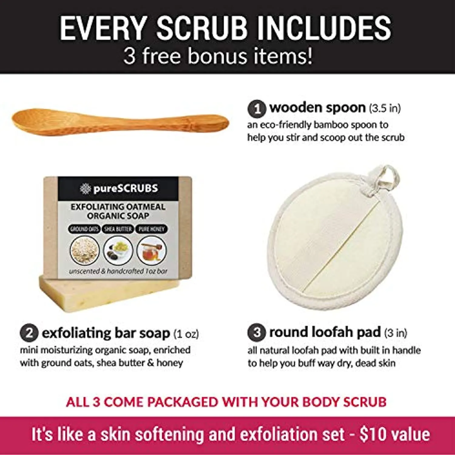 pureSCRUBS Premium Organic Body Scrub Set - Large 16oz LAVENDER BODY SCRUB - Dead Sea Salt Infused Organic Essential Oils & Nutrients INCLUDES Wooden Spoon, Loofah & Mini Organic Exfoliating Bar Soap