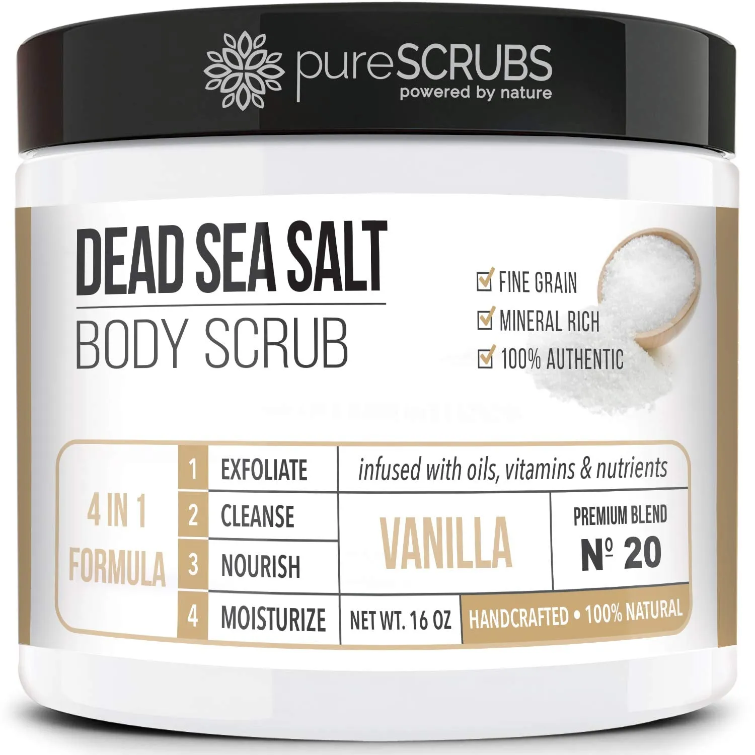 pureSCRUBS Premium Organic Body Scrub Set - Large 16oz LAVENDER BODY SCRUB - Dead Sea Salt Infused Organic Essential Oils & Nutrients INCLUDES Wooden Spoon, Loofah & Mini Organic Exfoliating Bar Soap