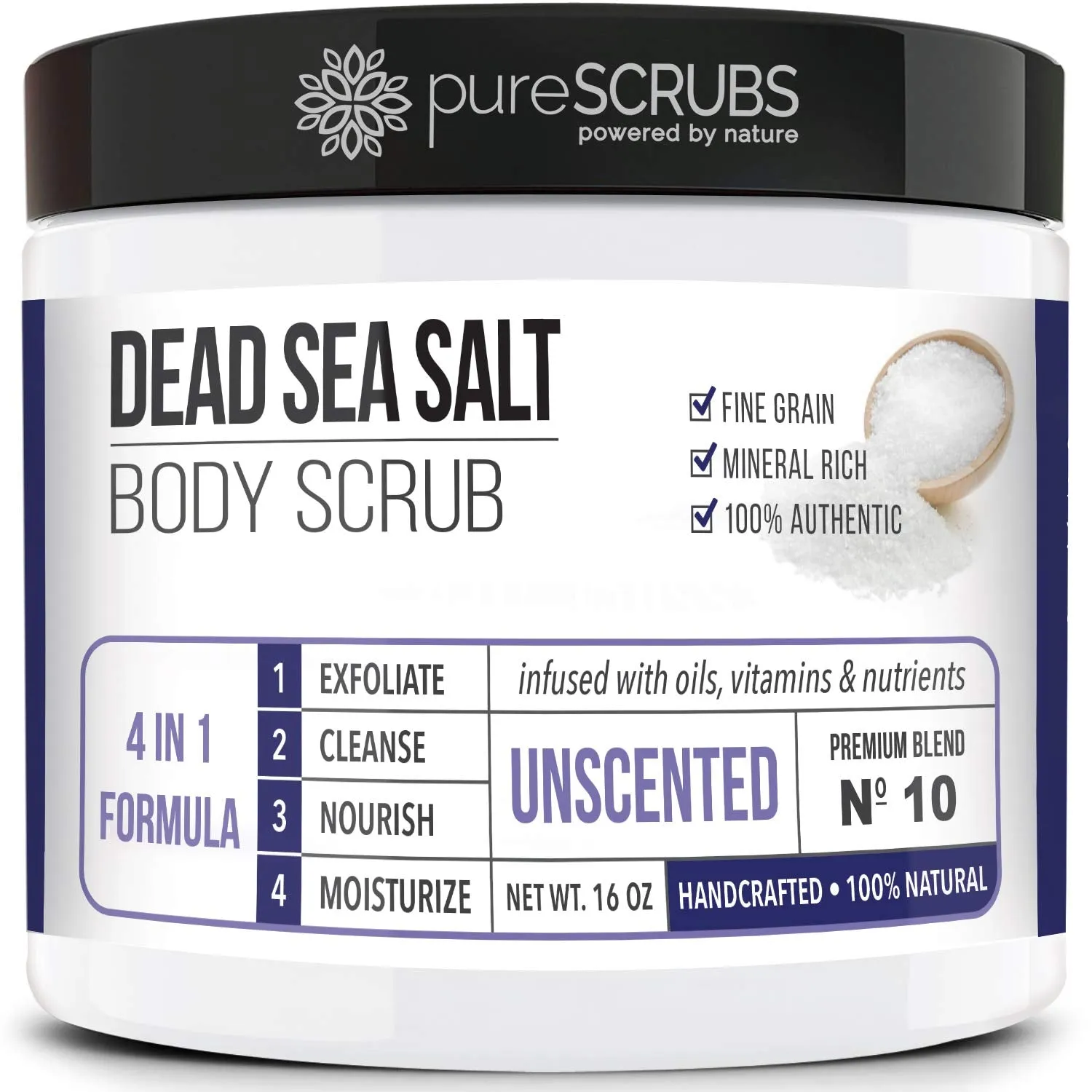 pureSCRUBS Premium Organic Body Scrub Set - Large 16oz LAVENDER BODY SCRUB - Dead Sea Salt Infused Organic Essential Oils & Nutrients INCLUDES Wooden Spoon, Loofah & Mini Organic Exfoliating Bar Soap