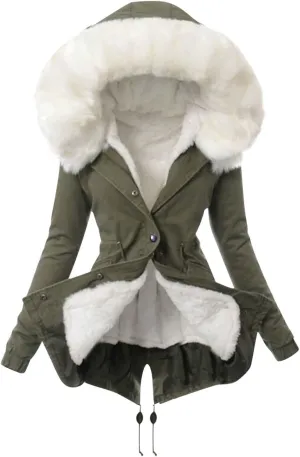 Qeaghou Fleece Lined Winter Coats for Women Warm Trench Coat Furry Windbreaker Ski Jacket Fuzzy Solid Jacket with Hood