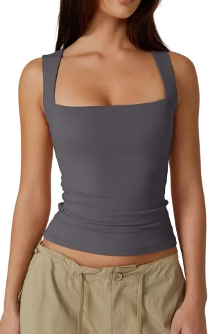 QINSEN Women's Square Neck Sleeveless Double-Layer Tank Tops Basic Tight T Shirts