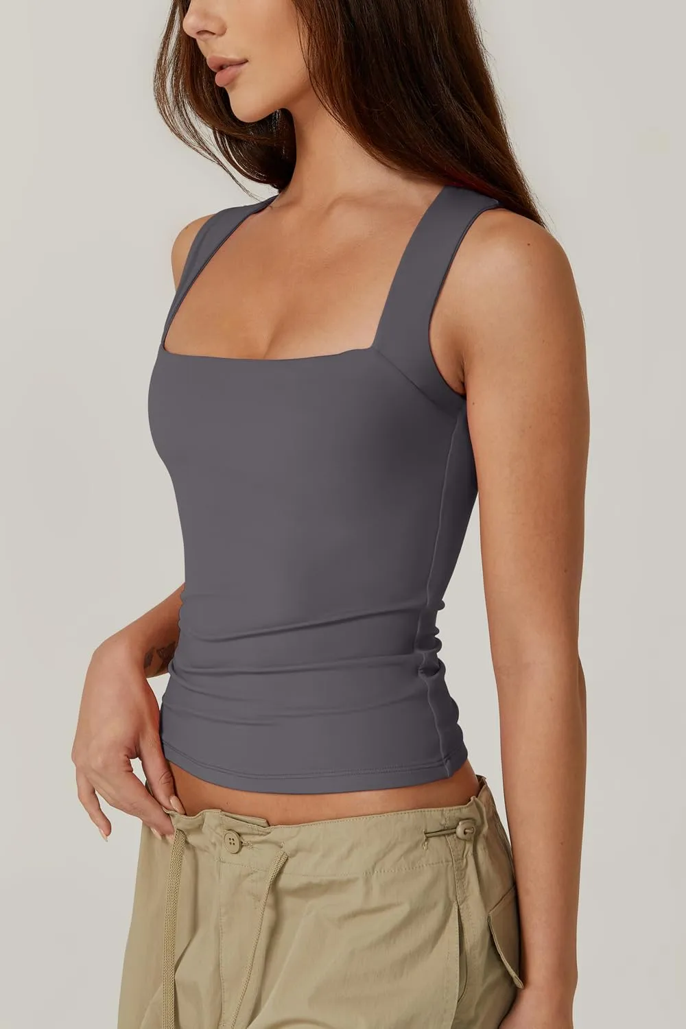 QINSEN Women's Square Neck Sleeveless Double-Layer Tank Tops Basic Tight T Shirts