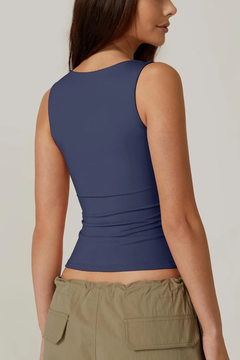QINSEN Women's Square Neck Sleeveless Double-Layer Tank Tops Basic Tight T Shirts