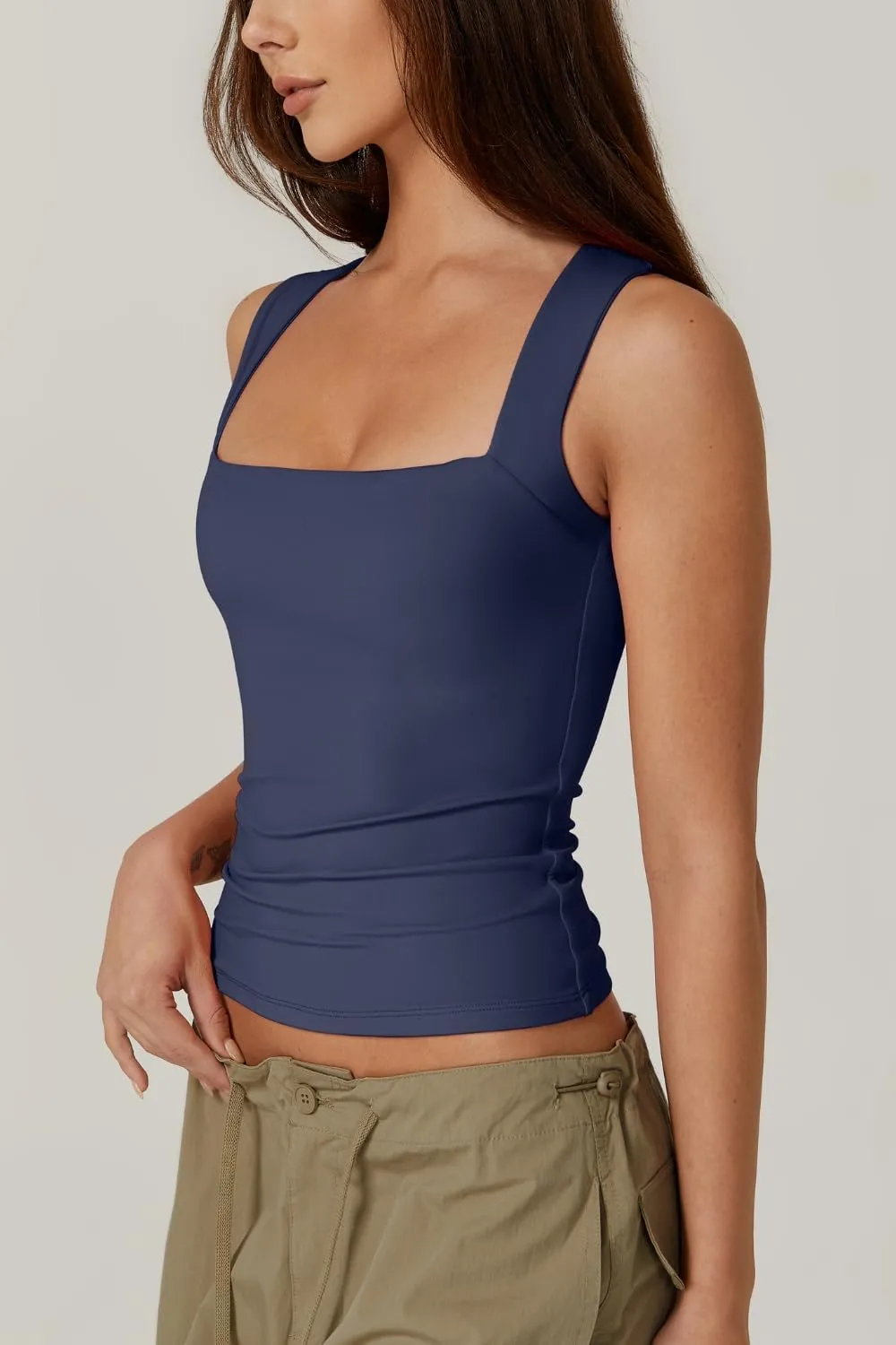 QINSEN Women's Square Neck Sleeveless Double-Layer Tank Tops Basic Tight T Shirts