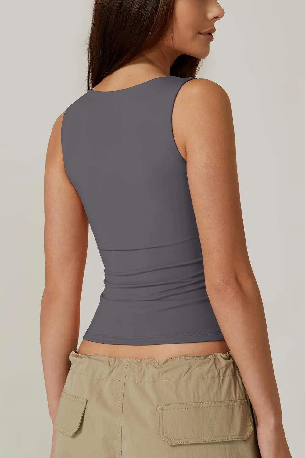 QINSEN Women's Square Neck Sleeveless Double-Layer Tank Tops Basic Tight T Shirts