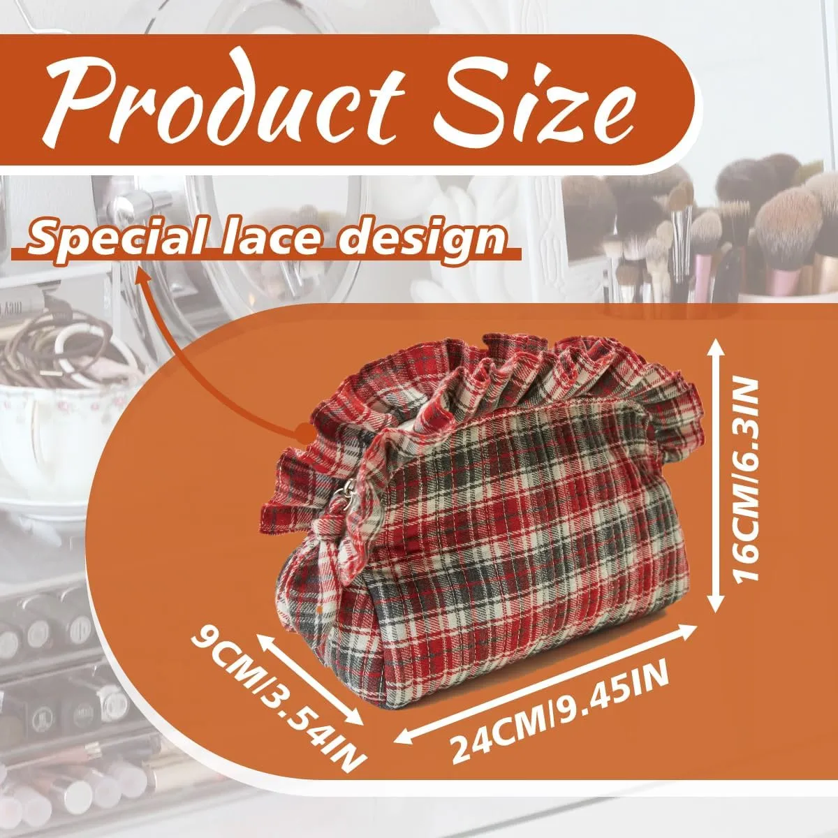 Quilted Makeup Bag Scottish Buffalo Plaid Ruffle Cosmetic Bag Fluffy Soft Toiletry Bags Reusable Washable Make Up Organizer Cotton Pouches for Women Mom Gifts