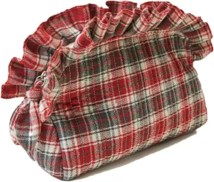 Quilted Makeup Bag Scottish Buffalo Plaid Ruffle Cosmetic Bag Fluffy Soft Toiletry Bags Reusable Washable Make Up Organizer Cotton Pouches for Women Mom Gifts