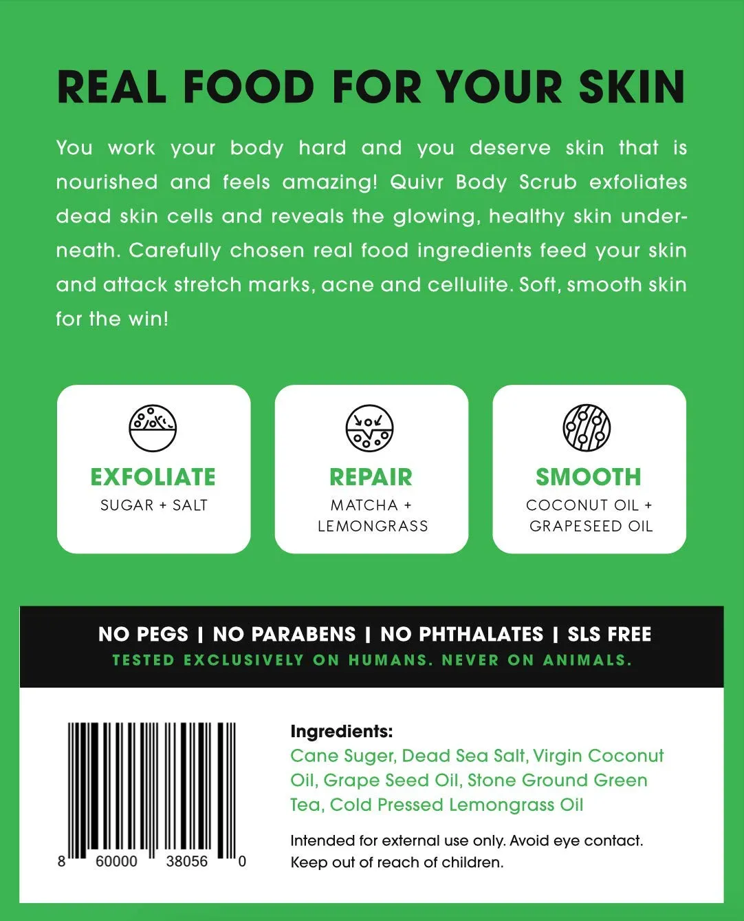 Quivr Matcha and Coconut Body Scrub, 100% natural, 10 oz