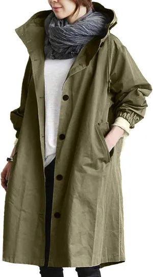 QWENTMTNTY Plus Size Trench Coats for Women Oversized Hooded Long Jackets Casual Fashion Single-Breasted Peacoat Overcoat