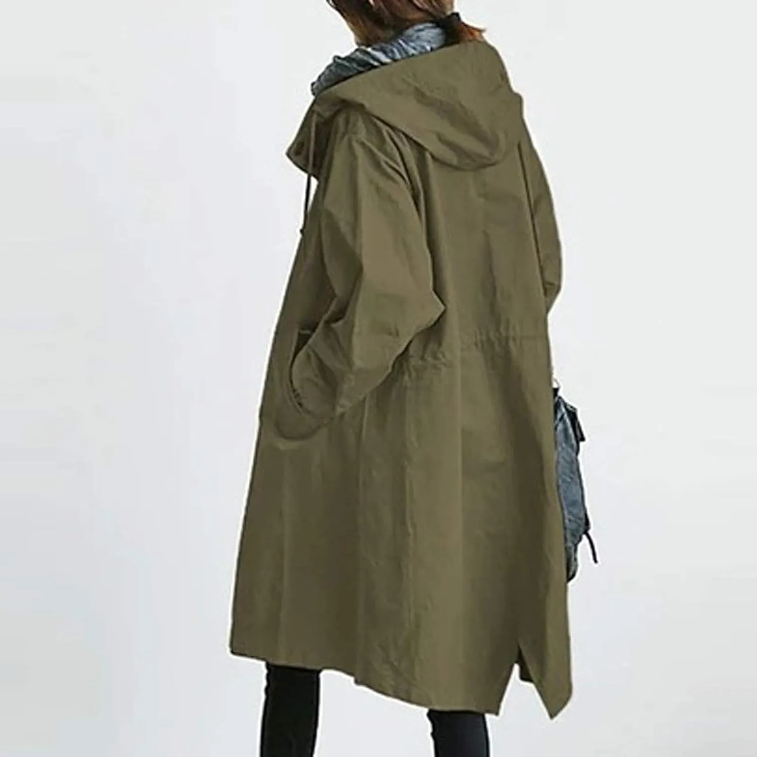 QWENTMTNTY Plus Size Trench Coats for Women Oversized Hooded Long Jackets Casual Fashion Single-Breasted Peacoat Overcoat