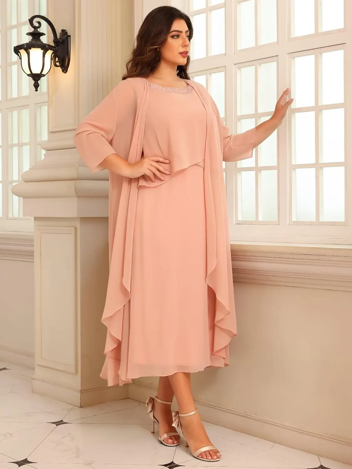 Raseal 2 Pieces Mother of The Bride Dresses for Wedding 3/4 Sleeve Chiffon Tiered Party Dress with Jacket RS149