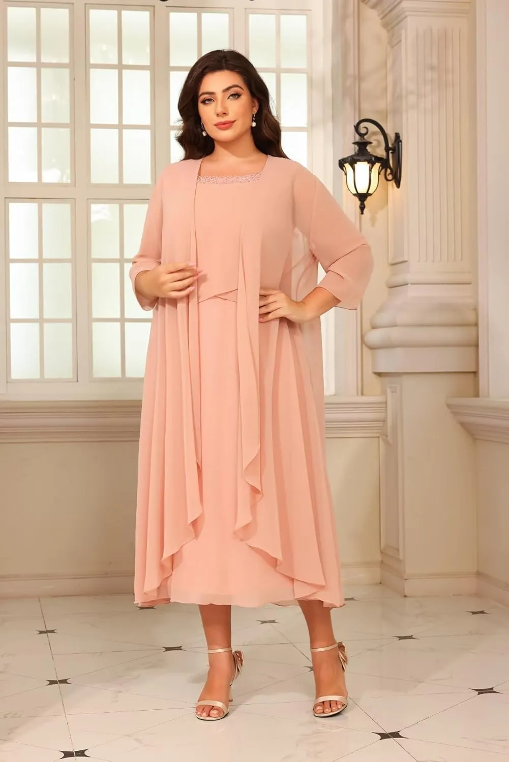 Raseal 2 Pieces Mother of The Bride Dresses for Wedding 3/4 Sleeve Chiffon Tiered Party Dress with Jacket RS149