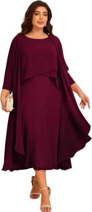 Raseal 2 Pieces Mother of The Bride Dresses for Wedding 3/4 Sleeve Chiffon Tiered Party Dress with Jacket RS149
