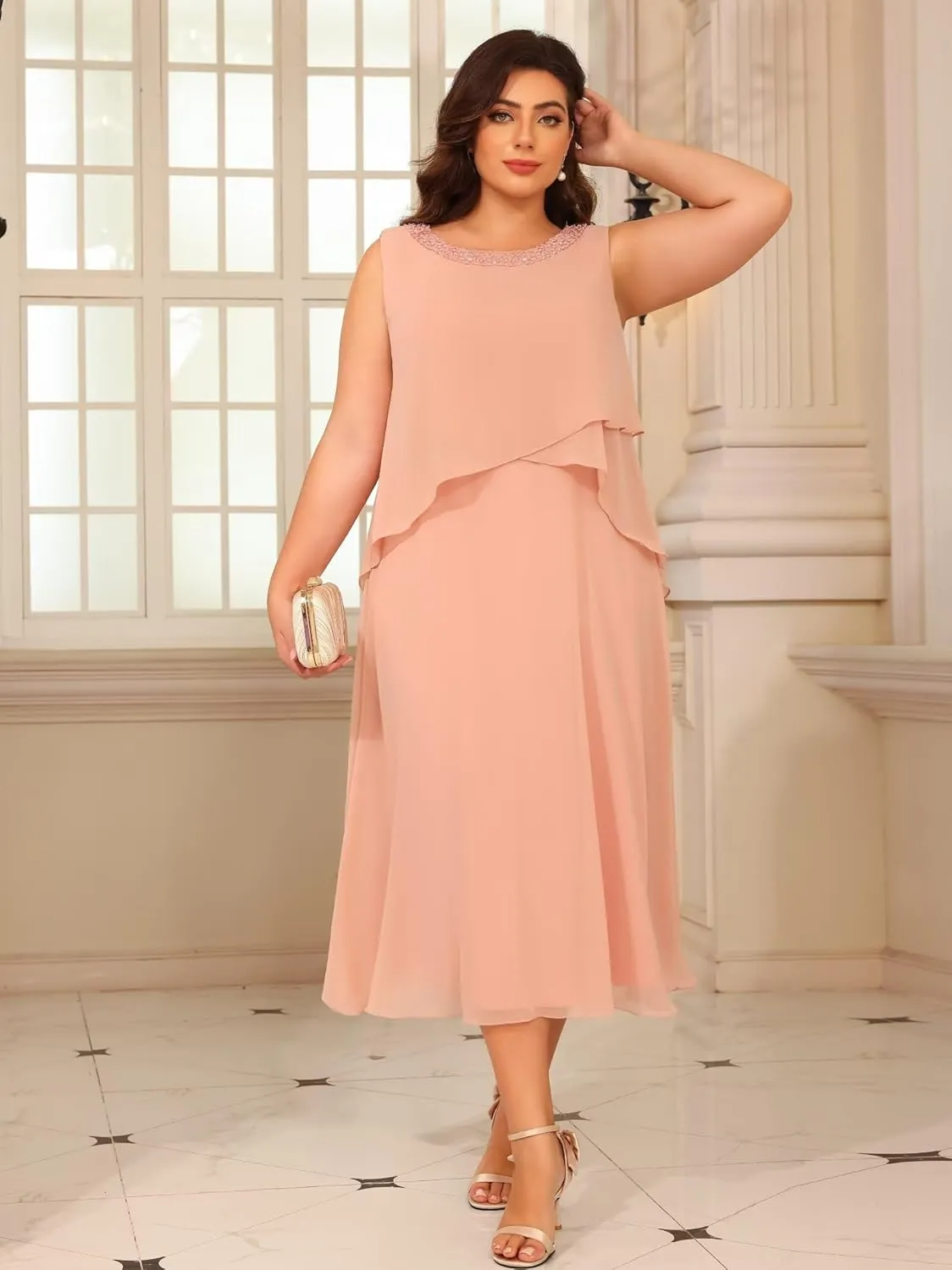 Raseal 2 Pieces Mother of The Bride Dresses for Wedding 3/4 Sleeve Chiffon Tiered Party Dress with Jacket RS149