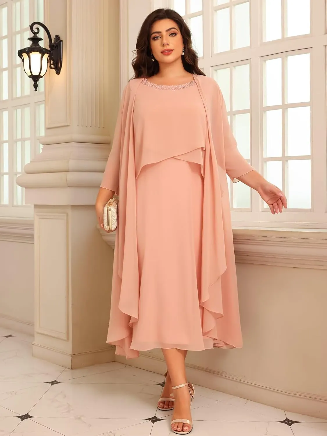 Raseal 2 Pieces Mother of The Bride Dresses for Wedding 3/4 Sleeve Chiffon Tiered Party Dress with Jacket RS149