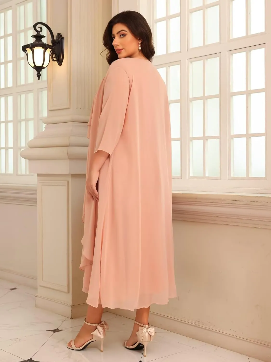 Raseal 2 Pieces Mother of The Bride Dresses for Wedding 3/4 Sleeve Chiffon Tiered Party Dress with Jacket RS149