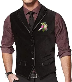 Retro Black Mens Vest Velvet Wedding Waistcoat Notched Lapel Business Suit Vest Slim Fit Formal Dress Vests Prom Vest