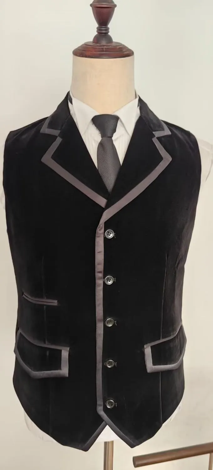Retro Black Mens Vest Velvet Wedding Waistcoat Notched Lapel Business Suit Vest Slim Fit Formal Dress Vests Prom Vest