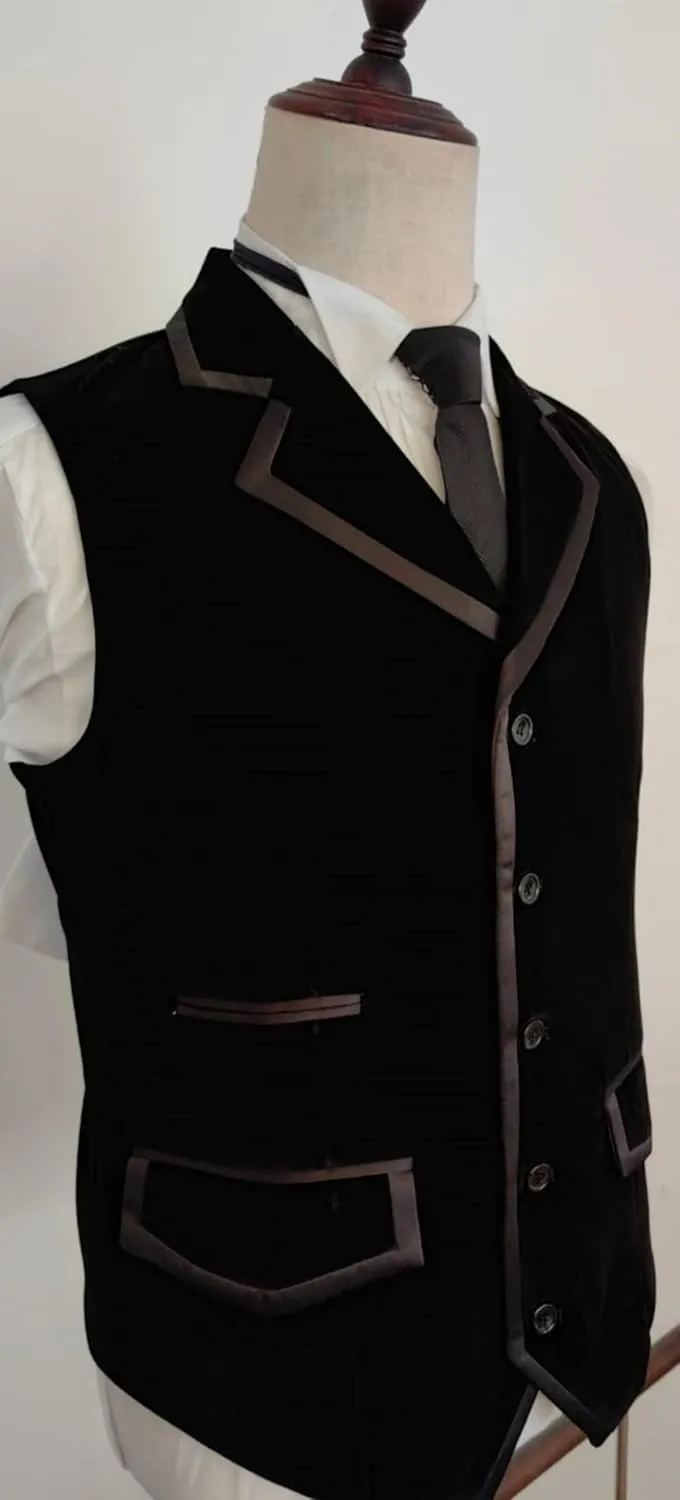 Retro Black Mens Vest Velvet Wedding Waistcoat Notched Lapel Business Suit Vest Slim Fit Formal Dress Vests Prom Vest