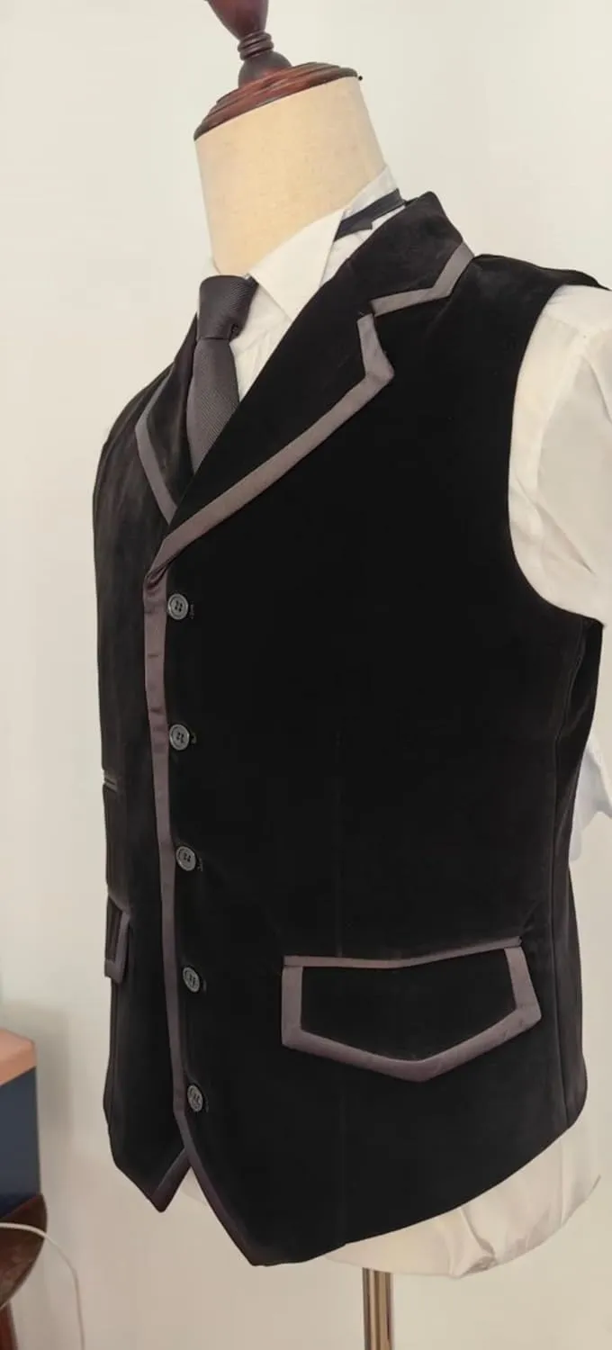 Retro Black Mens Vest Velvet Wedding Waistcoat Notched Lapel Business Suit Vest Slim Fit Formal Dress Vests Prom Vest