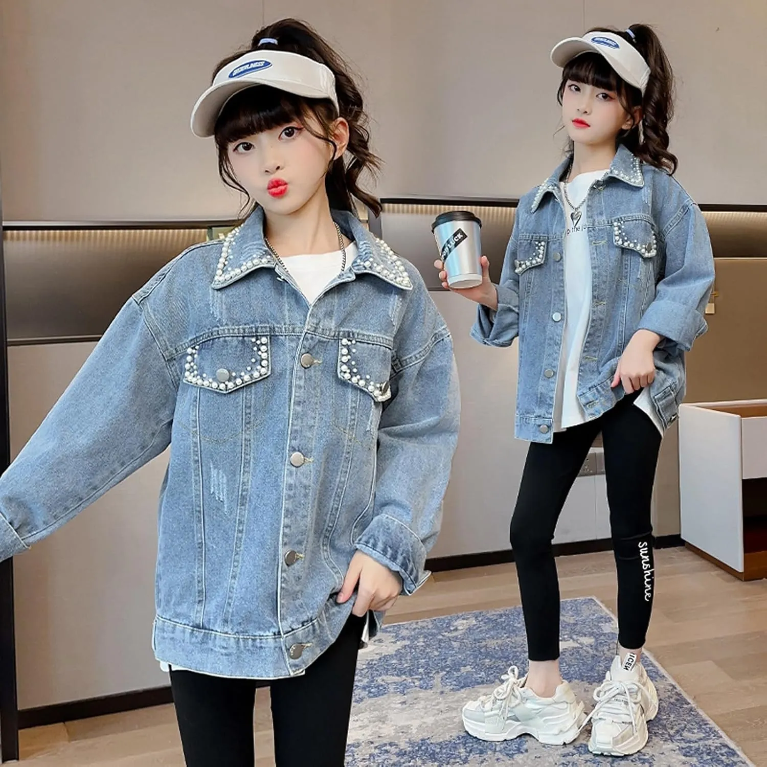 Rolanko Girls Denim Jackets, Basic Oversized Jean Jacket for Girls Fall Outwear Button Down Trucker Jacket 5-14 Years