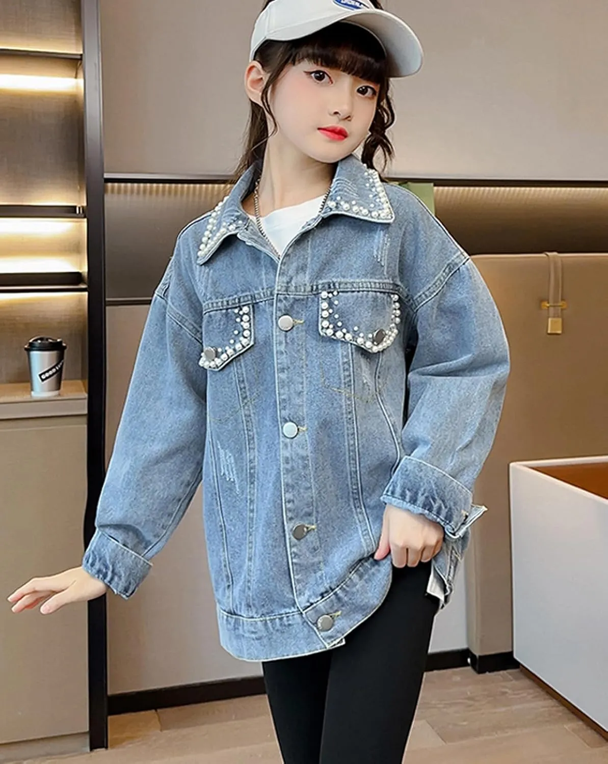 Rolanko Girls Denim Jackets, Basic Oversized Jean Jacket for Girls Fall Outwear Button Down Trucker Jacket 5-14 Years