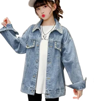 Rolanko Girls Denim Jackets, Basic Oversized Jean Jacket for Girls Fall Outwear Button Down Trucker Jacket 5-14 Years