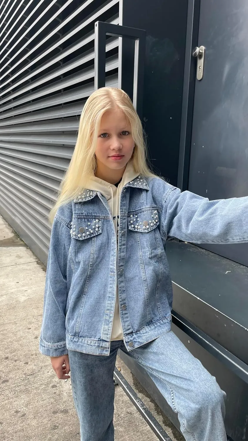 Rolanko Girls Denim Jackets, Basic Oversized Jean Jacket for Girls Fall Outwear Button Down Trucker Jacket 5-14 Years