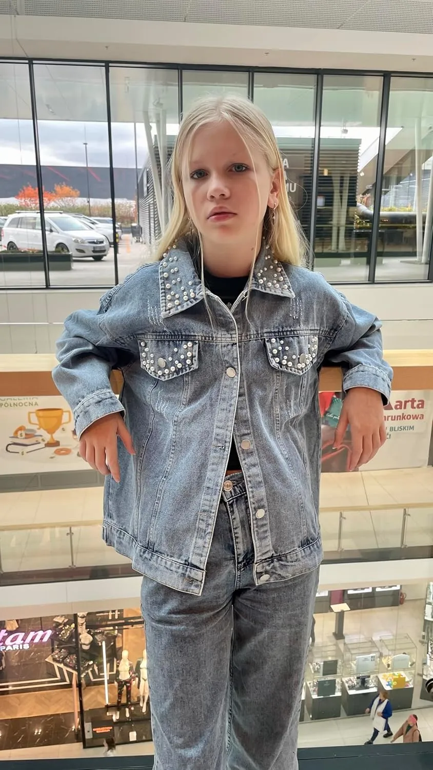 Rolanko Girls Denim Jackets, Basic Oversized Jean Jacket for Girls Fall Outwear Button Down Trucker Jacket 5-14 Years