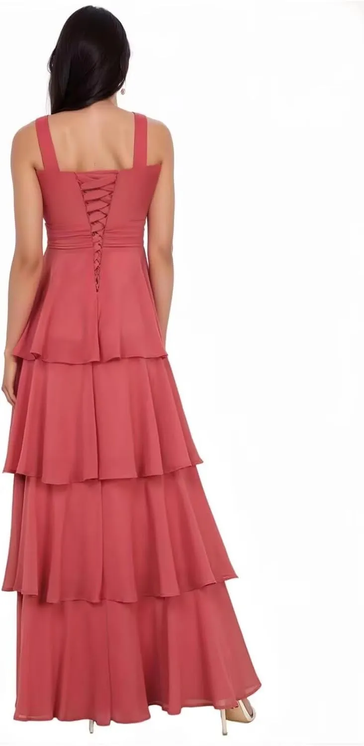 RSOETOO Tiered Ruffles Bridesmaid Dresses 2025 Long for Women Chiffon Formal Evening Dresses RO074