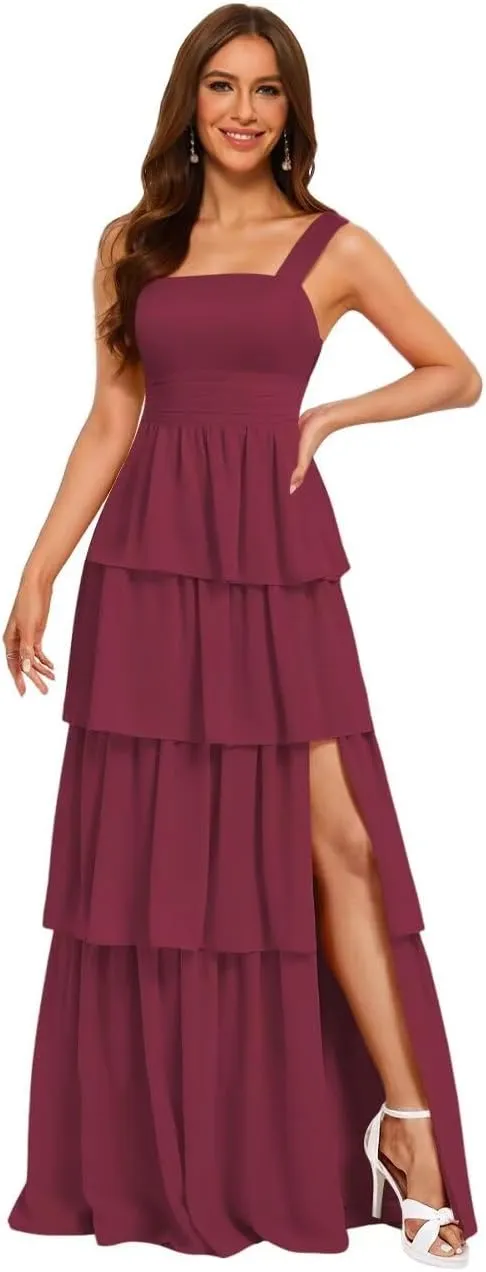 RSOETOO Tiered Ruffles Bridesmaid Dresses 2025 Long for Women Chiffon Formal Evening Dresses RO074