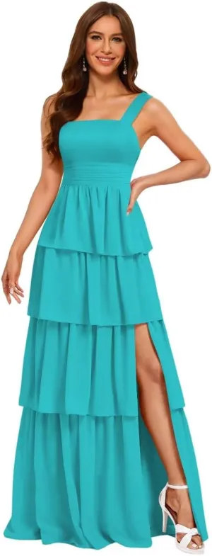 RSOETOO Tiered Ruffles Bridesmaid Dresses 2025 Long for Women Chiffon Formal Evening Dresses RO074