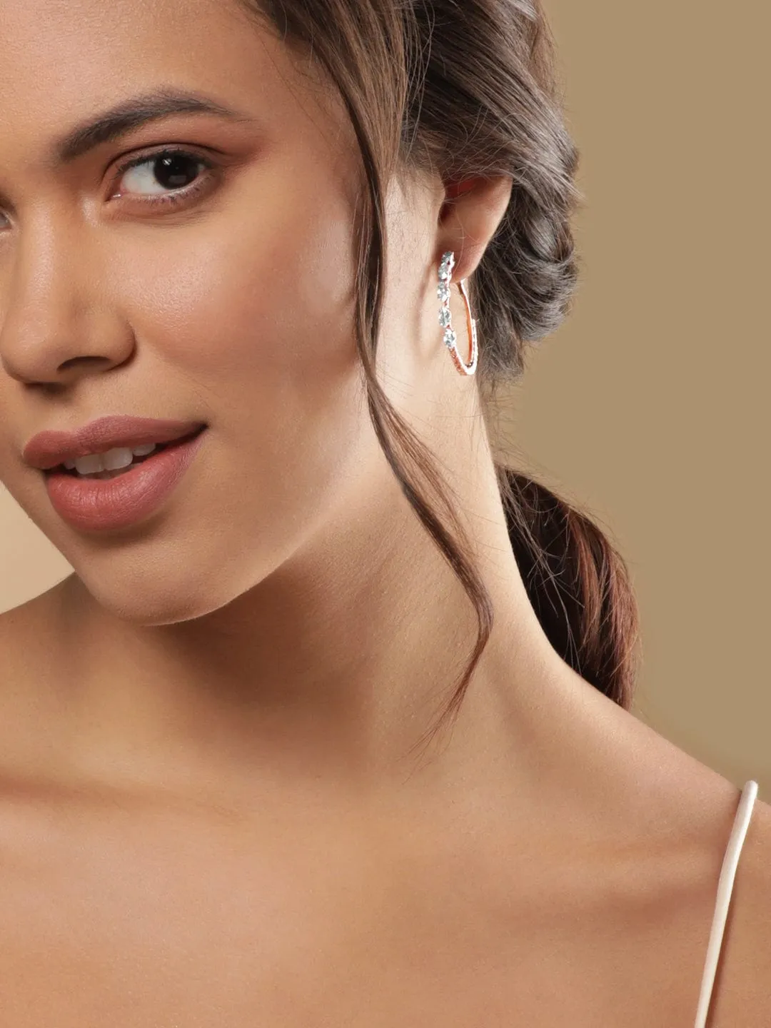 Rubans Voguish Rose Gold Oval Zirconia Studded Hoop Earring