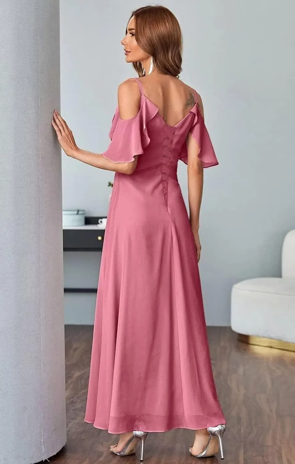 Ruffles Sleeve Bridesmaid Dresses for Wedding Cold Shoulder Split Formal Dresses for Women