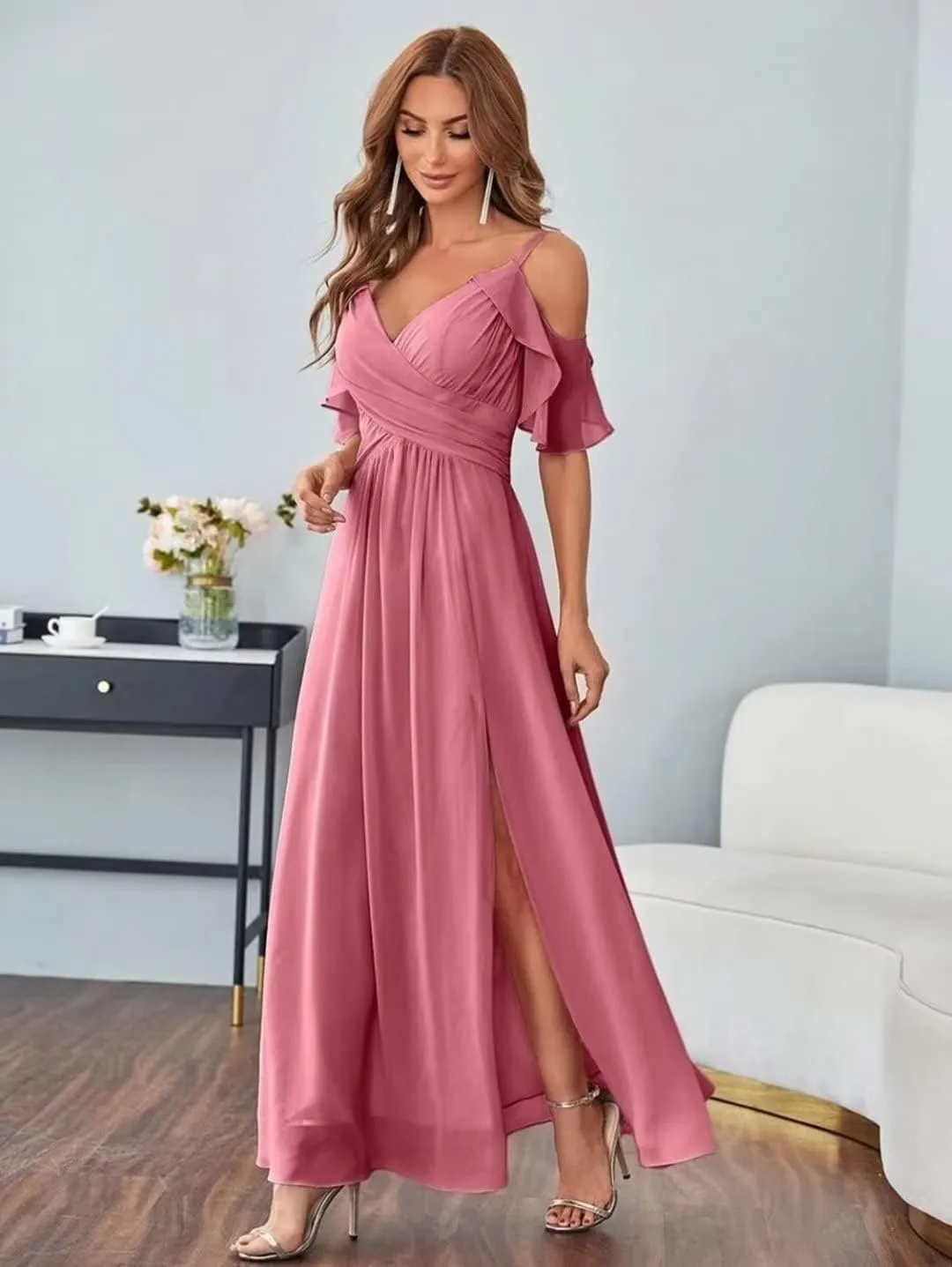 Ruffles Sleeve Bridesmaid Dresses for Wedding Cold Shoulder Split Formal Dresses for Women