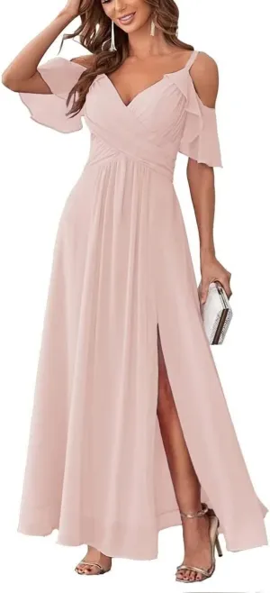 Ruffles Sleeve Bridesmaid Dresses for Wedding Cold Shoulder Split Formal Dresses for Women
