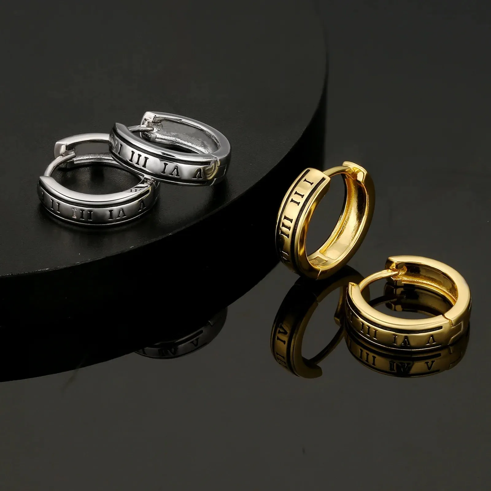 S925 Silver Black Roman Numerals Hoop Earrings in White Gold - 15mm