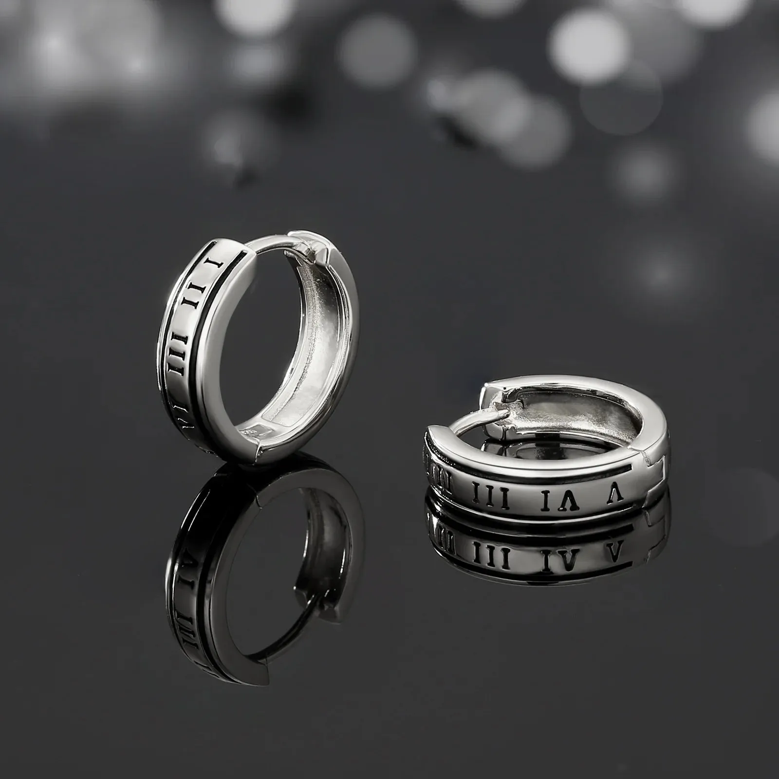 S925 Silver Black Roman Numerals Hoop Earrings in White Gold - 15mm