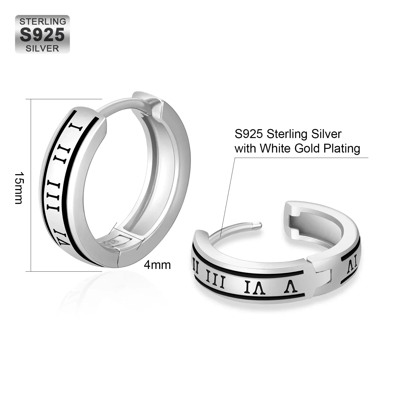 S925 Silver Black Roman Numerals Hoop Earrings in White Gold - 15mm