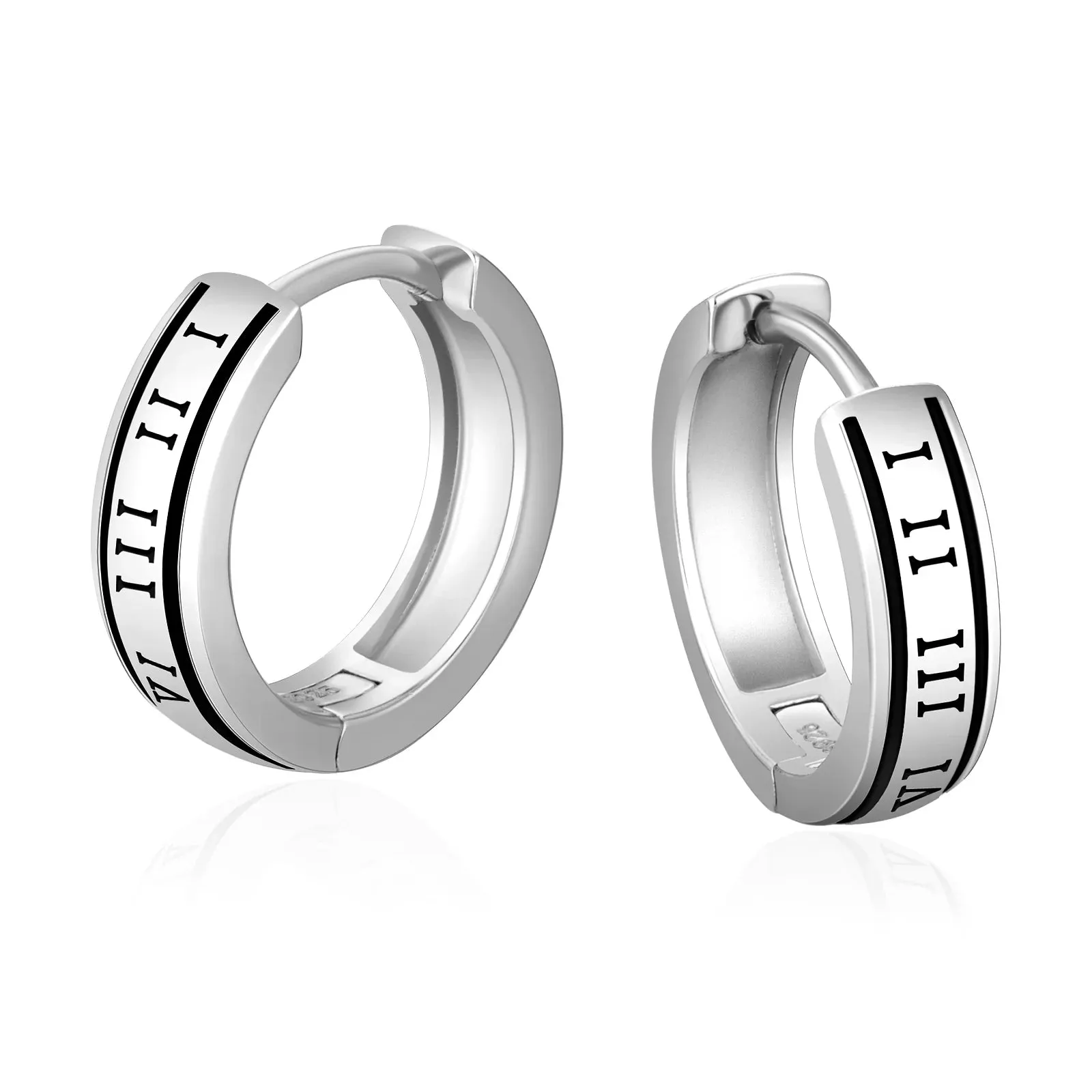 S925 Silver Black Roman Numerals Hoop Earrings in White Gold - 15mm