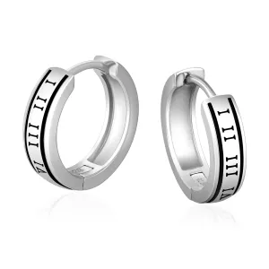 S925 Silver Black Roman Numerals Hoop Earrings in White Gold - 15mm