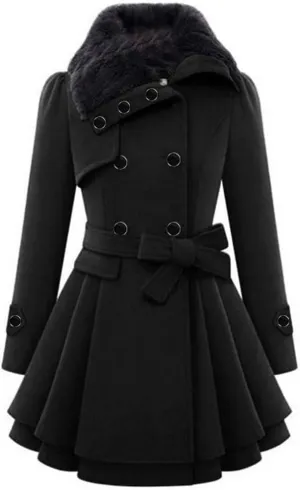 SACFOF Women's Faux Fur Lapel Double Breasted Thick Wool Trench Pea Coat Long Sleeve Winter Warm Jacket with Belt